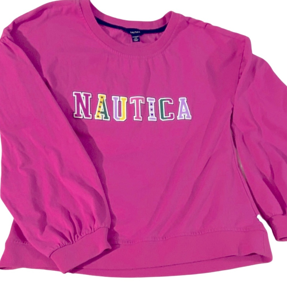 NAUTICA Long Sleeve Sweatshirt Bright Pink Nautica Lettering Graphic Girls SZ 16